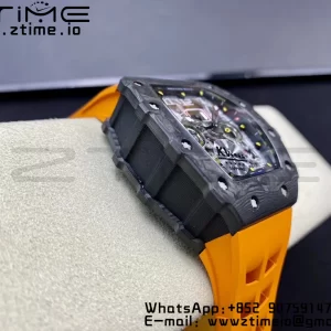 RICHARD MILLERM RM11-03 Black  Carbon Case Chrono KVF 1:1 Best Edition  Crystal Skeleton Yellow Dial On Orange Rubber Strap A7750 V3 - Super Clone Watch | 1:1 Best Version