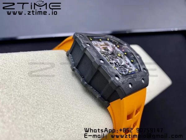 RICHARD MILLERM RM11-03 Black  Carbon Case Chrono KVF 1:1 Best Edition  Crystal Skeleton Yellow Dial On Orange Rubber Strap A7750 V3 - Super Clone Watch | 1:1 Best Version