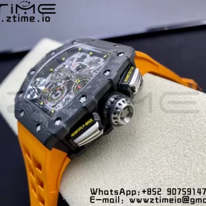 RICHARD MILLERM RM11-03 Black  Carbon Case Chrono KVF 1:1 Best Edition  Crystal Skeleton Yellow Dial On Orange Rubber Strap A7750 V3 - Super Clone Watch | 1:1 Best Version