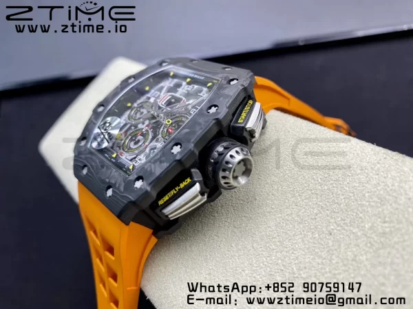 RICHARD MILLERM RM11-03 Black  Carbon Case Chrono KVF 1:1 Best Edition  Crystal Skeleton Yellow Dial On Orange Rubber Strap A7750 V3 - Super Clone Watch | 1:1 Best Version