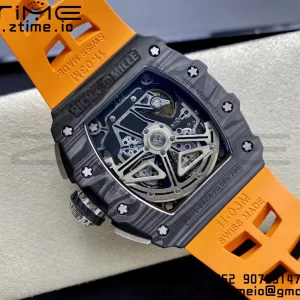 RICHARD MILLERM RM11-03 Black  Carbon Case Chrono KVF 1:1 Best Edition  Crystal Skeleton Yellow Dial On Orange Rubber Strap A7750 V3 - Super Clone Watch | 1:1 Best Version