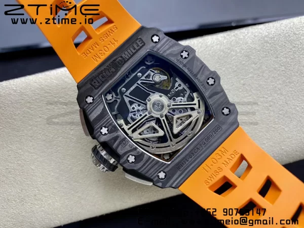 RICHARD MILLERM RM11-03 Black  Carbon Case Chrono KVF 1:1 Best Edition  Crystal Skeleton Yellow Dial On Orange Rubber Strap A7750 V3 - Super Clone Watch | 1:1 Best Version