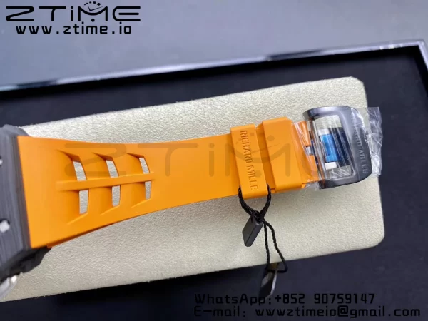 RICHARD MILLERM RM11-03 Black  Carbon Case Chrono KVF 1:1 Best Edition  Crystal Skeleton Yellow Dial On Orange Rubber Strap A7750 V3 - Super Clone Watch | 1:1 Best Version