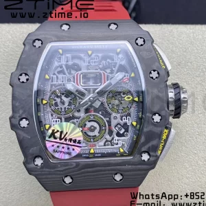 RICHARD MILLERM RM11-03 Black  Carbon Case Chrono KVF 1:1 Best Edition  Crystal Skeleton Yellow Dial On Red Rubber Strap A7750 V3 - Super Clone Watch | 1:1 Best Version