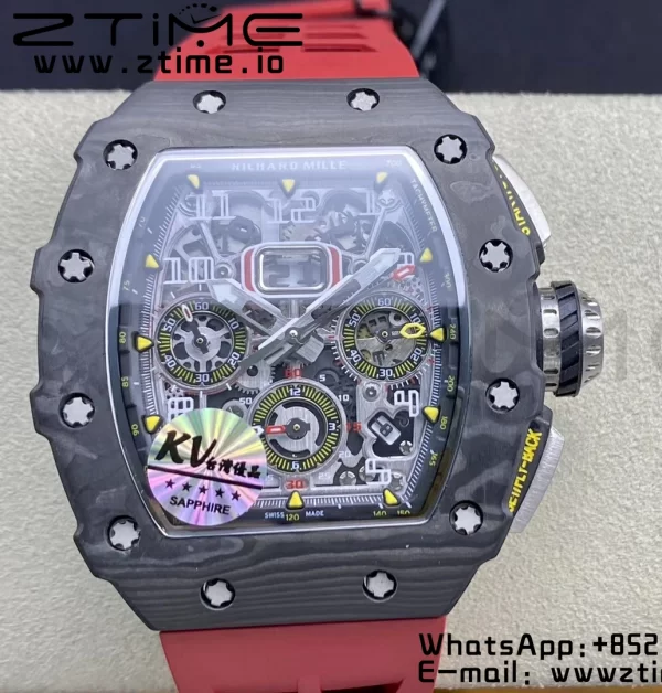 RICHARD MILLERM RM11-03 Black  Carbon Case Chrono KVF 1:1 Best Edition  Crystal Skeleton Yellow Dial On Red Rubber Strap A7750 V3 - Super Clone Watch | 1:1 Best Version