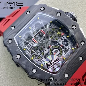 RICHARD MILLERM RM11-03 Black  Carbon Case Chrono KVF 1:1 Best Edition  Crystal Skeleton Yellow Dial On Red Rubber Strap A7750 V3 - Super Clone Watch | 1:1 Best Version