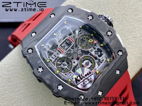 RICHARD MILLERM RM11-03 Black  Carbon Case Chrono KVF 1:1 Best Edition  Crystal Skeleton Yellow Dial On Red Rubber Strap A7750 V3 - Super Clone Watch | 1:1 Best Version