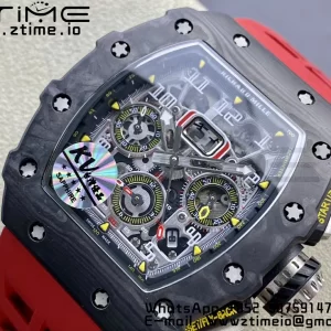 RICHARD MILLERM RM11-03 Black  Carbon Case Chrono KVF 1:1 Best Edition  Crystal Skeleton Yellow Dial On Red Rubber Strap A7750 V3 - Super Clone Watch | 1:1 Best Version