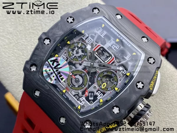 RICHARD MILLERM RM11-03 Black  Carbon Case Chrono KVF 1:1 Best Edition  Crystal Skeleton Yellow Dial On Red Rubber Strap A7750 V3 - Super Clone Watch | 1:1 Best Version