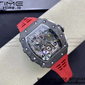 RICHARD MILLERM RM11-03 Black  Carbon Case Chrono KVF 1:1 Best Edition  Crystal Skeleton Yellow Dial On Red Rubber Strap A7750 V3 - Super Clone Watch | 1:1 Best Version