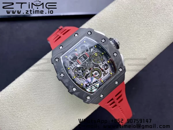 RICHARD MILLERM RM11-03 Black  Carbon Case Chrono KVF 1:1 Best Edition  Crystal Skeleton Yellow Dial On Red Rubber Strap A7750 V3 - Super Clone Watch | 1:1 Best Version