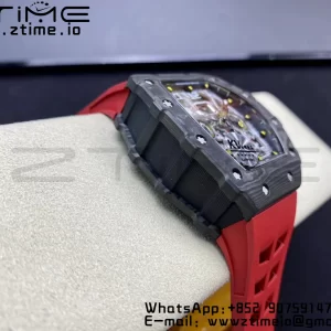 RICHARD MILLERM RM11-03 Black  Carbon Case Chrono KVF 1:1 Best Edition  Crystal Skeleton Yellow Dial On Red Rubber Strap A7750 V3 - Super Clone Watch | 1:1 Best Version