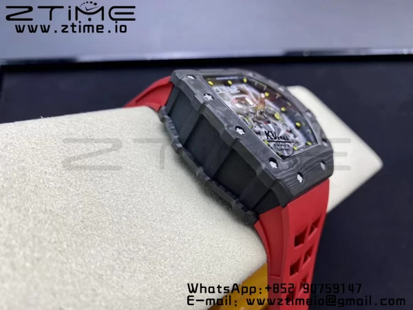 RICHARD MILLERM RM11-03 Black  Carbon Case Chrono KVF 1:1 Best Edition  Crystal Skeleton Yellow Dial On Red Rubber Strap A7750 V3 - Super Clone Watch | 1:1 Best Version