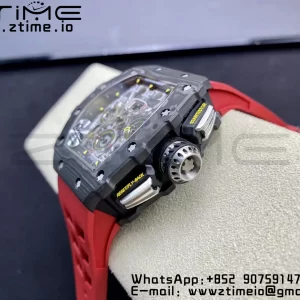 RICHARD MILLERM RM11-03 Black  Carbon Case Chrono KVF 1:1 Best Edition  Crystal Skeleton Yellow Dial On Red Rubber Strap A7750 V3 - Super Clone Watch | 1:1 Best Version