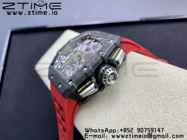 RICHARD MILLERM RM11-03 Black  Carbon Case Chrono KVF 1:1 Best Edition  Crystal Skeleton Yellow Dial On Red Rubber Strap A7750 V3 - Super Clone Watch | 1:1 Best Version