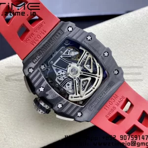 RICHARD MILLERM RM11-03 Black  Carbon Case Chrono KVF 1:1 Best Edition  Crystal Skeleton Yellow Dial On Red Rubber Strap A7750 V3 - Super Clone Watch | 1:1 Best Version