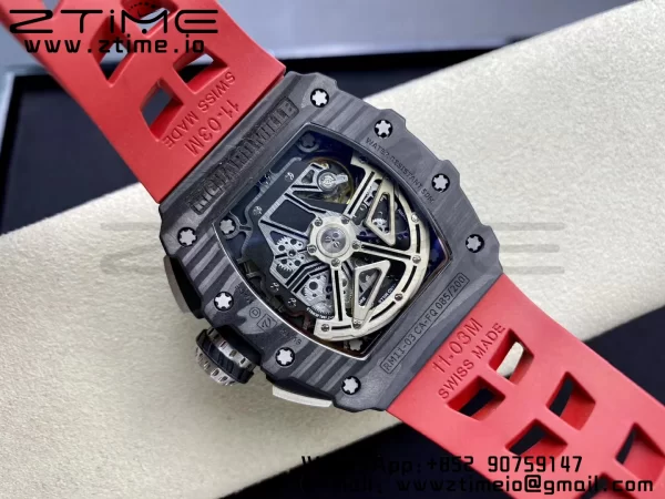 RICHARD MILLERM RM11-03 Black  Carbon Case Chrono KVF 1:1 Best Edition  Crystal Skeleton Yellow Dial On Red Rubber Strap A7750 V3 - Super Clone Watch | 1:1 Best Version