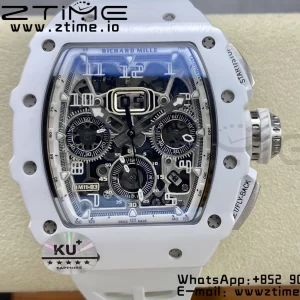 RICHARD MILLERM RM11-03 White Ceramic  Case Chrono KVF 1:1 Best Edition Ceramic Bezel Skeleton Dial On White Rubber Strap A7750 V3 - Super Clone Watch | 1:1 Best Version
