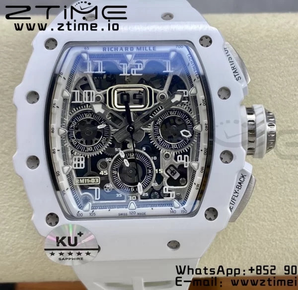 RICHARD MILLERM RM11-03 White Ceramic  Case Chrono KVF 1:1 Best Edition Ceramic Bezel Skeleton Dial On White Rubber Strap A7750 V3 - Super Clone Watch | 1:1 Best Version