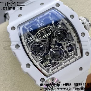 RICHARD MILLERM RM11-03 White Ceramic  Case Chrono KVF 1:1 Best Edition Ceramic Bezel Skeleton Dial On White Rubber Strap A7750 V3 - Super Clone Watch | 1:1 Best Version