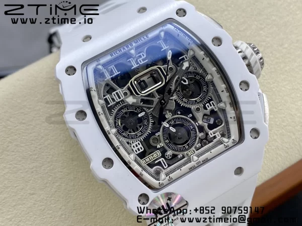 RICHARD MILLERM RM11-03 White Ceramic  Case Chrono KVF 1:1 Best Edition Ceramic Bezel Skeleton Dial On White Rubber Strap A7750 V3 - Super Clone Watch | 1:1 Best Version