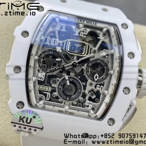 RICHARD MILLERM RM11-03 White Ceramic  Case Chrono KVF 1:1 Best Edition Ceramic Bezel Skeleton Dial On White Rubber Strap A7750 V3 - Super Clone Watch | 1:1 Best Version