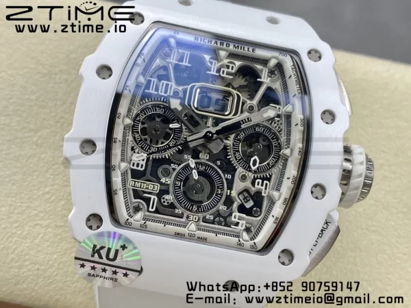 RICHARD MILLERM RM11-03 White Ceramic  Case Chrono KVF 1:1 Best Edition Ceramic Bezel Skeleton Dial On White Rubber Strap A7750 V3 - Super Clone Watch | 1:1 Best Version