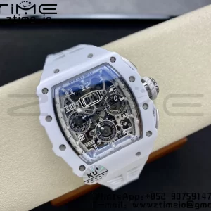 RICHARD MILLERM RM11-03 White Ceramic  Case Chrono KVF 1:1 Best Edition Ceramic Bezel Skeleton Dial On White Rubber Strap A7750 V3 - Super Clone Watch | 1:1 Best Version