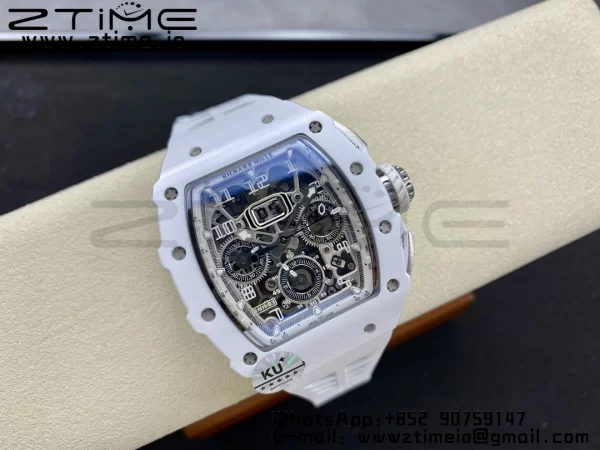 RICHARD MILLERM RM11-03 White Ceramic  Case Chrono KVF 1:1 Best Edition Ceramic Bezel Skeleton Dial On White Rubber Strap A7750 V3 - Super Clone Watch | 1:1 Best Version