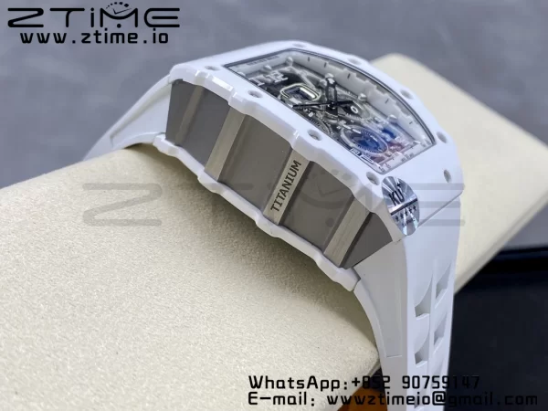 RICHARD MILLERM RM11-03 White Ceramic  Case Chrono KVF 1:1 Best Edition Ceramic Bezel Skeleton Dial On White Rubber Strap A7750 V3 - Super Clone Watch | 1:1 Best Version