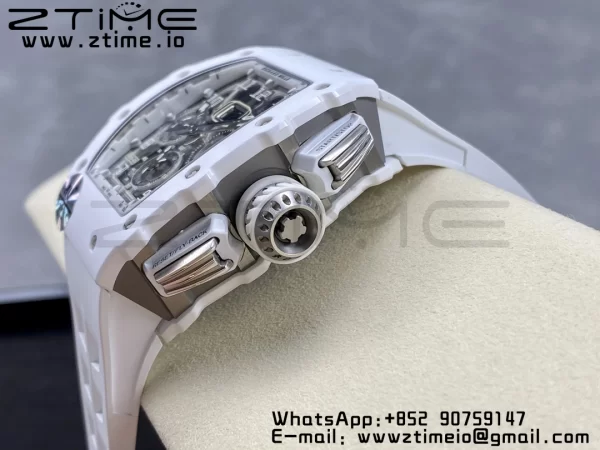 RICHARD MILLERM RM11-03 White Ceramic  Case Chrono KVF 1:1 Best Edition Ceramic Bezel Skeleton Dial On White Rubber Strap A7750 V3 - Super Clone Watch | 1:1 Best Version