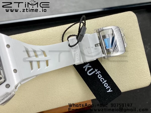 RICHARD MILLERM RM11-03 White Ceramic  Case Chrono KVF 1:1 Best Edition Ceramic Bezel Skeleton Dial On White Rubber Strap A7750 V3 - Super Clone Watch | 1:1 Best Version