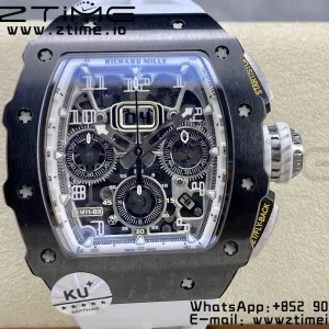 RICHARD MILLERM RM11-03 Black  Ceramic  Case Chrono KVF 1:1 Best Edition Ceramic Bezel Skeleton Dial On White Rubber Strap A7750 V3 - Super Clone Watch | 1:1 Best Version