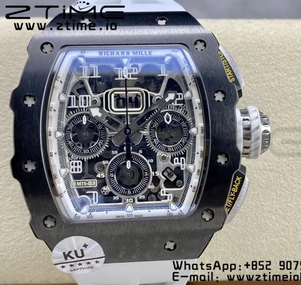 RICHARD MILLERM RM11-03 Black  Ceramic  Case Chrono KVF 1:1 Best Edition Ceramic Bezel Skeleton Dial On White Rubber Strap A7750 V3 - Super Clone Watch | 1:1 Best Version