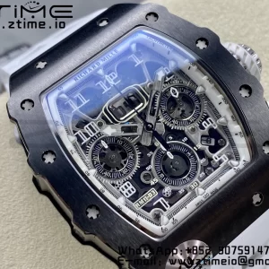 RICHARD MILLERM RM11-03 Black  Ceramic  Case Chrono KVF 1:1 Best Edition Ceramic Bezel Skeleton Dial On White Rubber Strap A7750 V3 - Super Clone Watch | 1:1 Best Version