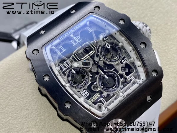 RICHARD MILLERM RM11-03 Black  Ceramic  Case Chrono KVF 1:1 Best Edition Ceramic Bezel Skeleton Dial On White Rubber Strap A7750 V3 - Super Clone Watch | 1:1 Best Version