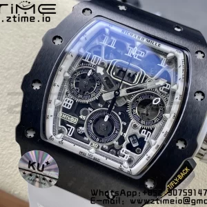 RICHARD MILLERM RM11-03 Black  Ceramic  Case Chrono KVF 1:1 Best Edition Ceramic Bezel Skeleton Dial On White Rubber Strap A7750 V3 - Super Clone Watch | 1:1 Best Version