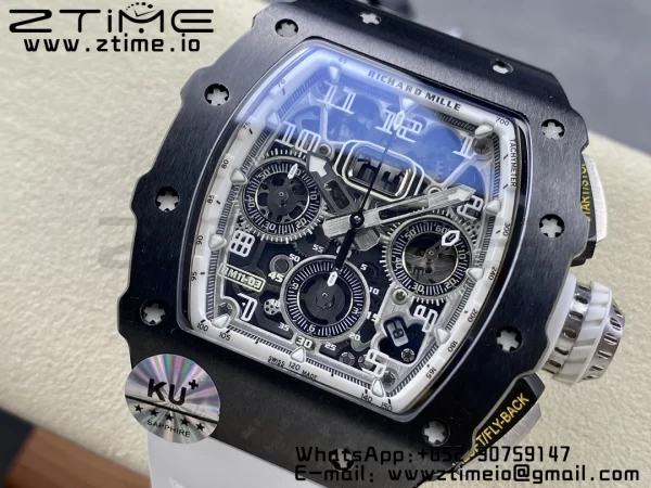 RICHARD MILLERM RM11-03 Black  Ceramic  Case Chrono KVF 1:1 Best Edition Ceramic Bezel Skeleton Dial On White Rubber Strap A7750 V3 - Super Clone Watch | 1:1 Best Version