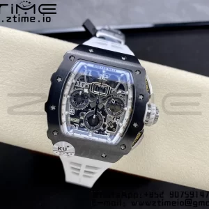 RICHARD MILLERM RM11-03 Black  Ceramic  Case Chrono KVF 1:1 Best Edition Ceramic Bezel Skeleton Dial On White Rubber Strap A7750 V3 - Super Clone Watch | 1:1 Best Version