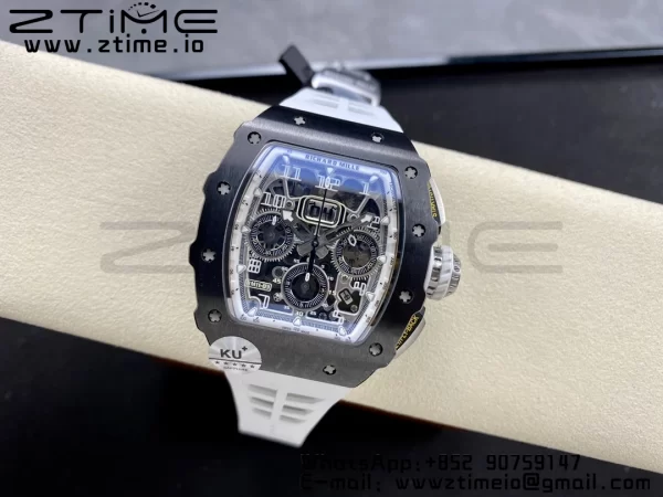 RICHARD MILLERM RM11-03 Black  Ceramic  Case Chrono KVF 1:1 Best Edition Ceramic Bezel Skeleton Dial On White Rubber Strap A7750 V3 - Super Clone Watch | 1:1 Best Version