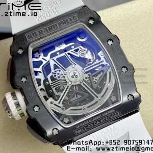 RICHARD MILLERM RM11-03 Black  Ceramic  Case Chrono KVF 1:1 Best Edition Ceramic Bezel Skeleton Dial On White Rubber Strap A7750 V3 - Super Clone Watch | 1:1 Best Version