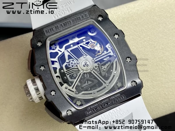 RICHARD MILLERM RM11-03 Black  Ceramic  Case Chrono KVF 1:1 Best Edition Ceramic Bezel Skeleton Dial On White Rubber Strap A7750 V3 - Super Clone Watch | 1:1 Best Version