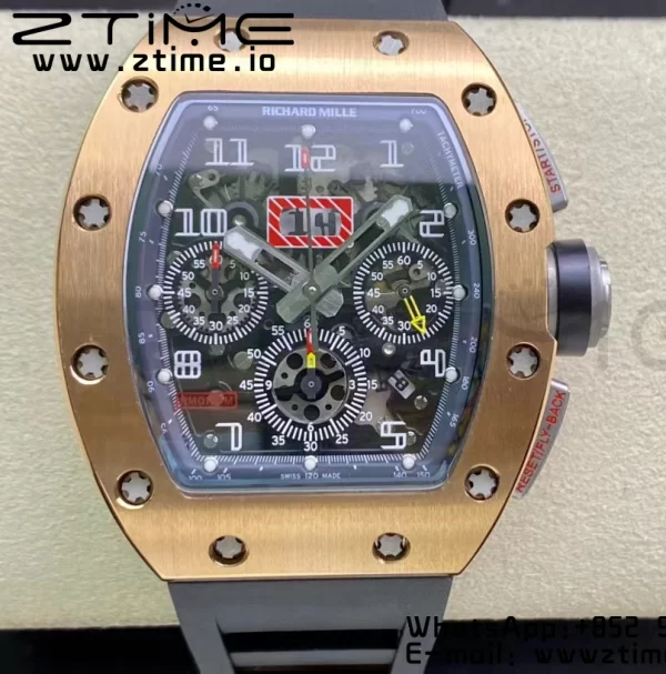 RICHARD MILLERM  RM011 RG Chrono KVF 1:1 Best Edition Crystal Dial Black on Black Rubber Strap A7750 V3 - Super Clone Watch | 1:1 Best Version