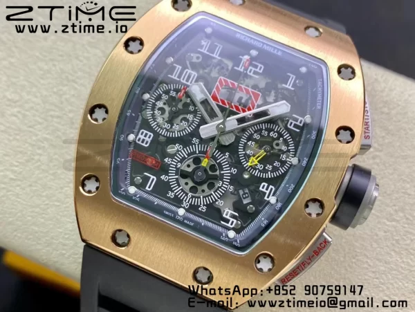 RICHARD MILLERM  RM011 RG Chrono KVF 1:1 Best Edition Crystal Dial Black on Black Rubber Strap A7750 V3 - Super Clone Watch | 1:1 Best Version
