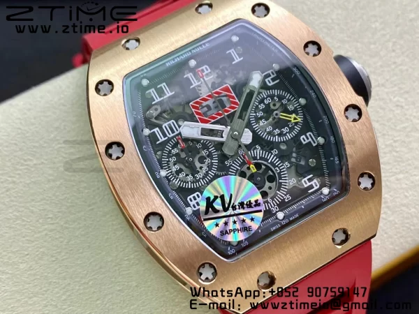 RICHARD MILLERM RM011 RG Chrono KVF 1:1 Best Edition Crystal Dial Black on Red Rubber Strap A7750 V3 - Super Clone Watch | 1:1 Best Version