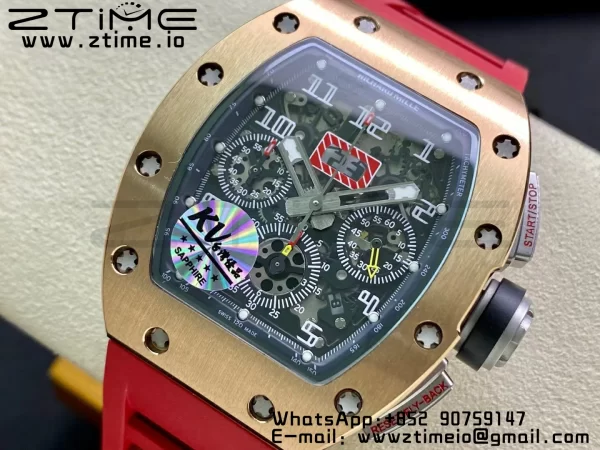 RICHARD MILLERM RM011 RG Chrono KVF 1:1 Best Edition Crystal Dial Black on Red Rubber Strap A7750 V3 - Super Clone Watch | 1:1 Best Version
