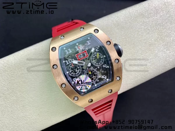 RICHARD MILLERM RM011 RG Chrono KVF 1:1 Best Edition Crystal Dial Black on Red Rubber Strap A7750 V3 - Super Clone Watch | 1:1 Best Version