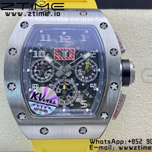 RICHARD MILLERM RM011 SS Chrono KVF 1:1 Best Edition Crystal Dial Black on Yellow Rubber Strap A7750 V3 - Super Clone Watch | 1:1 Best Version