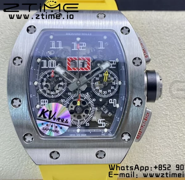 RICHARD MILLERM RM011 SS Chrono KVF 1:1 Best Edition クリスタルダイヤル ブラック×イエローラバーストラップ A7750 V3 - スーパークローンウォッチ｜1:1ベストバージョン