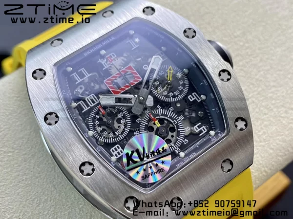 RICHARD MILLERM RM011 SS Chrono KVF 1:1 Best Edition クリスタルダイヤル ブラック×イエローラバーストラップ A7750 V3 - スーパークローンウォッチ｜1:1ベストバージョン